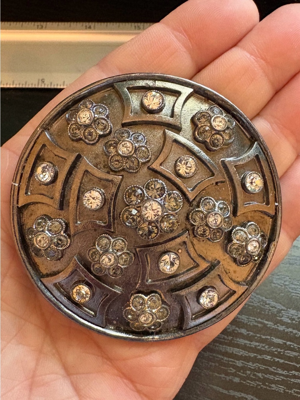 Linda Levinson hand mirror purse or pocket rhinestones steel grey over 2” round